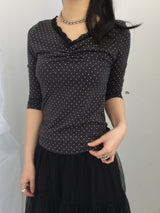 Lace V-Shirring Dot Top