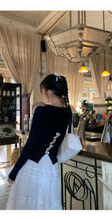 Back White Bow Long Sleeve Knit T-shirt