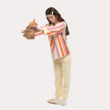 バイブラント オレンジ コントラスト ストライプ ロング スリーブ パジャマ セット - 95% Cotton Cozy Sleepwear