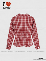 Red checkered shirring long-sleeve shirt