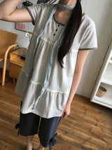 Hanami Lace U-neck Button Short Sleeve Tee