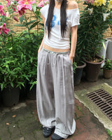 Lapek stripe color combination string long wide pants