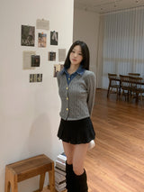 Perry Denim-Layer Cable Knit Long Sleeve Cardigan