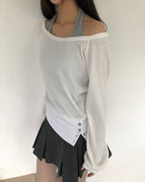 ハミンホルターワッフルオフショルダースウェットシャツセット