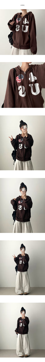 4US Heart American Flag Two-Way Hooded Zip-Up