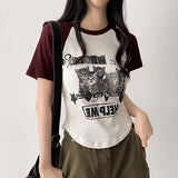 デューリーキャットラグランVネックニットクロップドTシャツ
