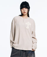 Cross Waffle Henley Neck Long Sleeve - Cream