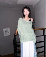 (3color) Ribbon Deep Slit Loose Fit Summer Long Sleeve Tee