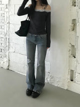 ダメージ ローライズ ブーツカット デニム パンツ (one color)