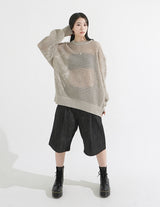 Pintuck Wide Raw Denim Bermuda Pants