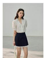 High-Waisted Lace Trim Slim H-Line Mini Skirt