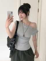 Rohe Eyelet Strap Unbalance Shoulder Tee