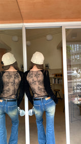 Back see-through lace long-sleeved T-shirt