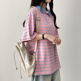 Melba Color Stripe Dangara Collar Short Sleeve Tee