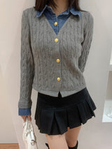 Perry Denim-Layer Cable Knit Long Sleeve Cardigan