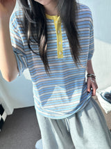 ユリア クーリング ストライプ ヘンリーネック Tシャツ 3カラー