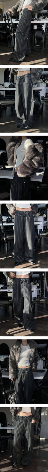 [Unisex] Stripe back strap wide pants