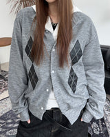 Scent Leather Patch Argyle Cardigan