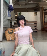 オフショルダーツイスト半袖Tシャツ Pink