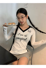 V-neck sporty black line long-sleeved shirt