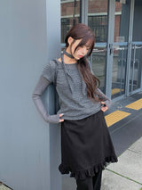 [Muffler Set/Fake Layered] チャドストライプレイヤードショートスリーブニットTシャツセット
