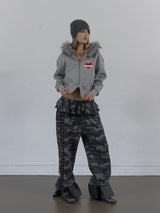 FUR TRIMMING HOODED ZIP-UP / MELANGE GRAY