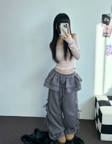 FLEECE PICKABLE❤RIBBON CANCAN BOOTSCUT WIDE 2 STYTLE PANTS🖤🩶🤎💛5COLOR