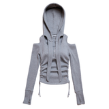 OFF SHOULDER HOODED LONG SLEEVE GRAY