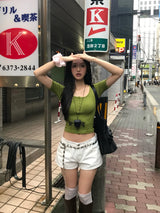 オリーブ ダイアリー ボタン Uネック スリムフィット Tシャツ