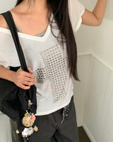 Chucking cross stud see-through V-neck short-sleeved T-shirt