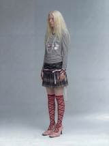 Emoha オリジナル ウィメンズ グレー ロングスリーブ レーストリム スリムフィット セクシーTシャツ