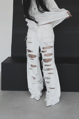 [unisex]レーザーダメージワイドデニム