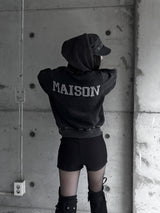 back cubic semi-crop hooded zip-up