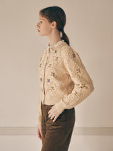 HAND FLOWER POMPOM CARDIGAN IVORY