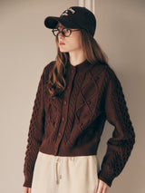 WOOL BUTTON CABLE CARDIGAN BROWN
