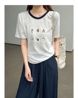 カラーブロックカートゥーン刺繍Tシャツ