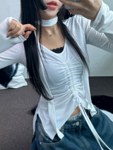 SCARF SET🧸SHRING RUFFLE SLICK POINT SLIM LONG SLEEVE T SHIRT 🧸🤍🖤🩶3COLOR