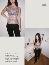 ベージュレタリングシースルーノースリーブTシャツ