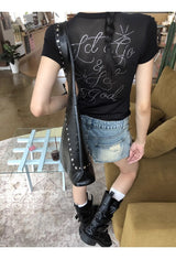 バックシースルービーズブラックラウンド半袖Tシャツ
