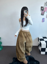 ミンクフリース🐑ビッグコーデュロイパッチバルーンパンツ❤🤍🖤🤎4カラー