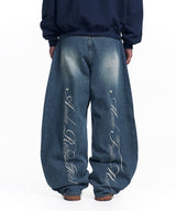Stripe Lettering Denim Pants - Medium Blue