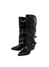Double Buckle Shirred Stiletto Long Boots