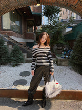 Star Stripe Off-Shoulder Long Sleeve Knitwear