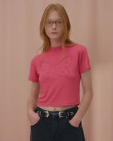 テキストバタフライクロップTシャツ-PINK