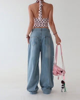 Light blue string strap cutting wide pants