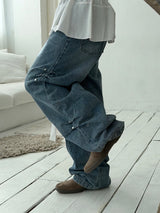 Side rivet wide denim pants(3color)
