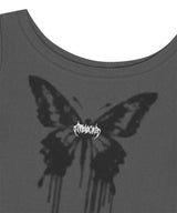 バタフライゴスワイドネッククロップTシャツ_チャコール