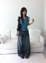 Deron Denim Washing Banding Snap Wide Pants