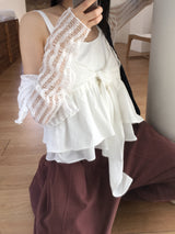 Curon punching net button see-through long sleeve cardigan
