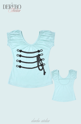 Rope Mint Shirring Off-Shoulder Short Sleeve T-Shirt